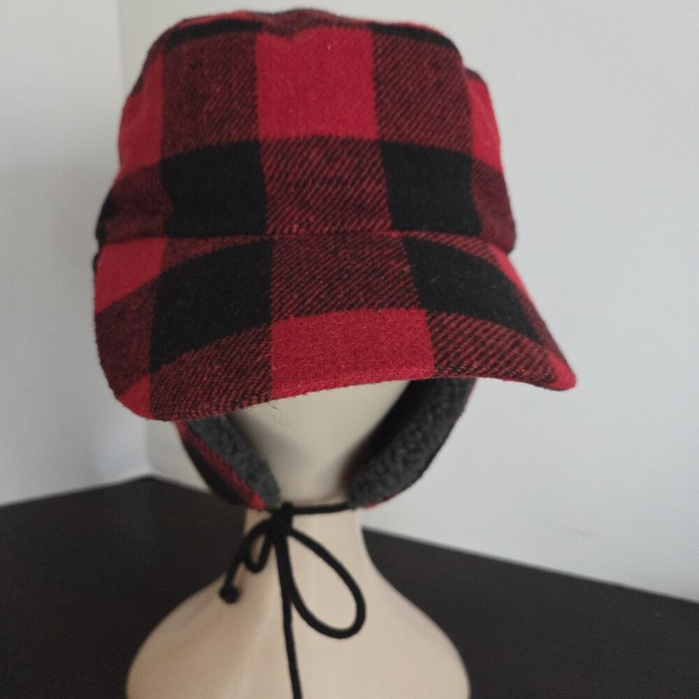Eddie Bauer Hadlock Trapper Hat Red Black Buffalo Plaid Ear Flap Cap Men L/XL